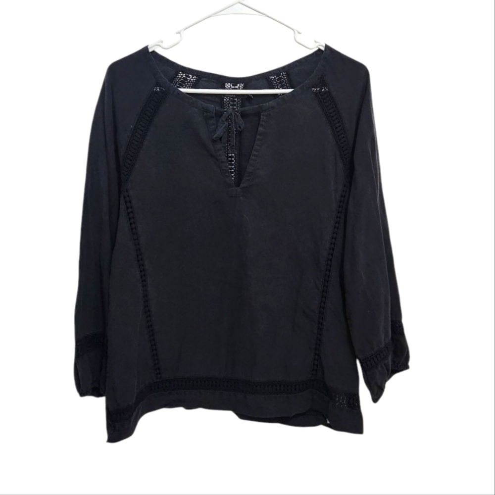 Prana Tacana Boho Peasant Top Black Lace Trim Detail Size S L:ightweight Tencel
